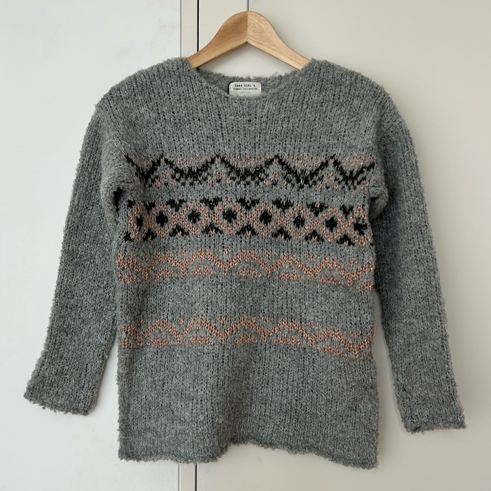 BNWT Zara Girls 9/10 Gray & Rose Gold Patterned Chunky Sweater
